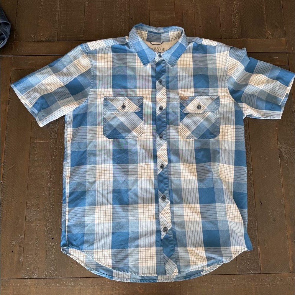 Orvis Gingham Blue and White Plaid Short Sleeve Button-Down Shirt